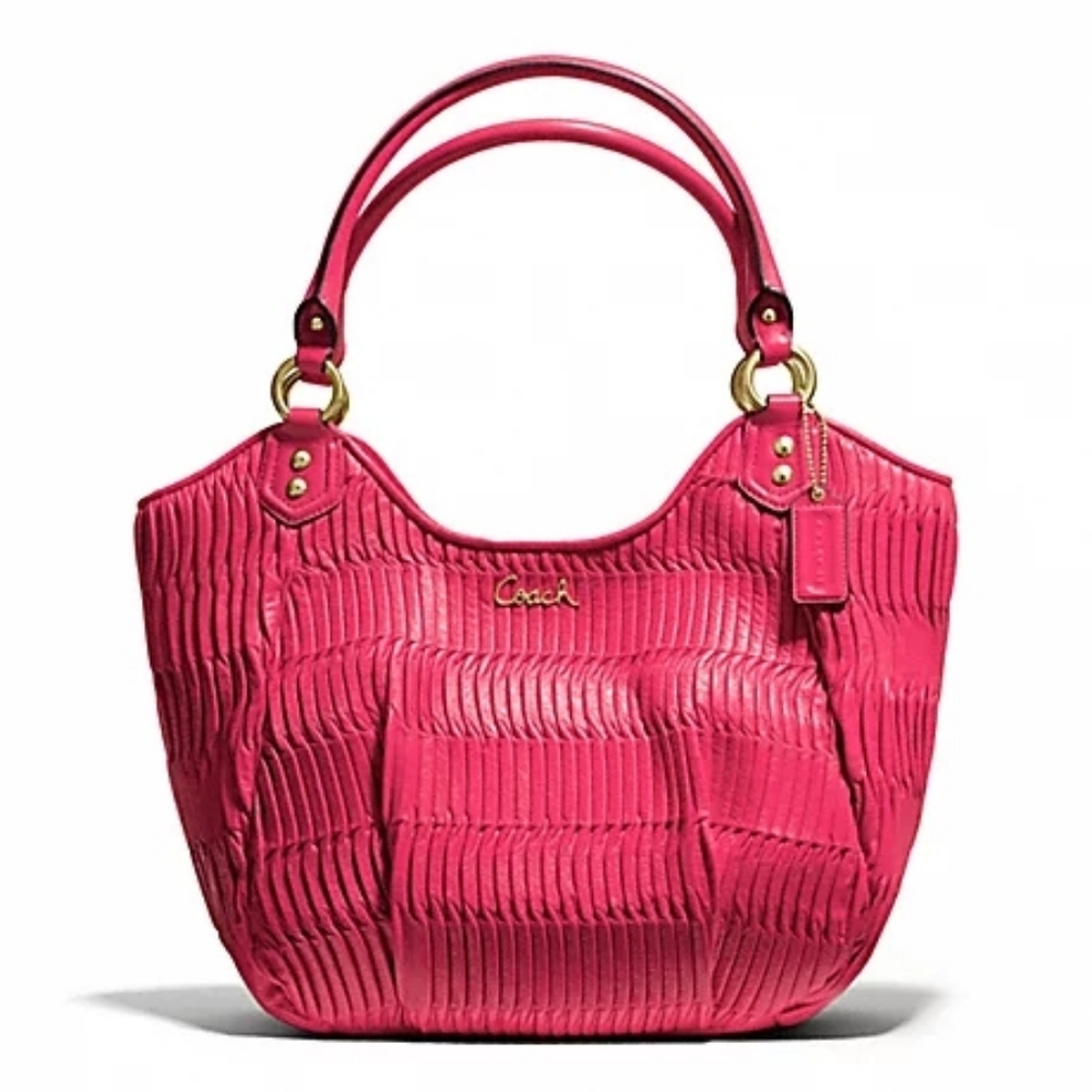 PRISTINE! COACH ASHLEY GATHERED LEATHER SHOULDER TOTE (#F23928)BRASS/RASPBERRY.